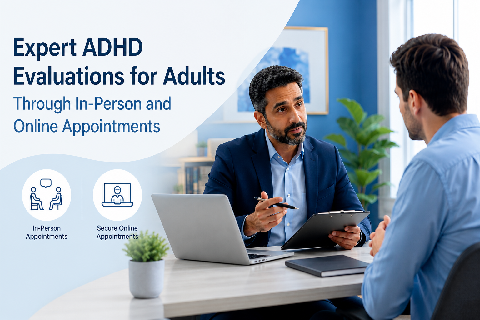 Board-certified psychiatrist conducting an adult ADHD evaluation with a patient during an in-person consultation in a modern psychiatric clinic.