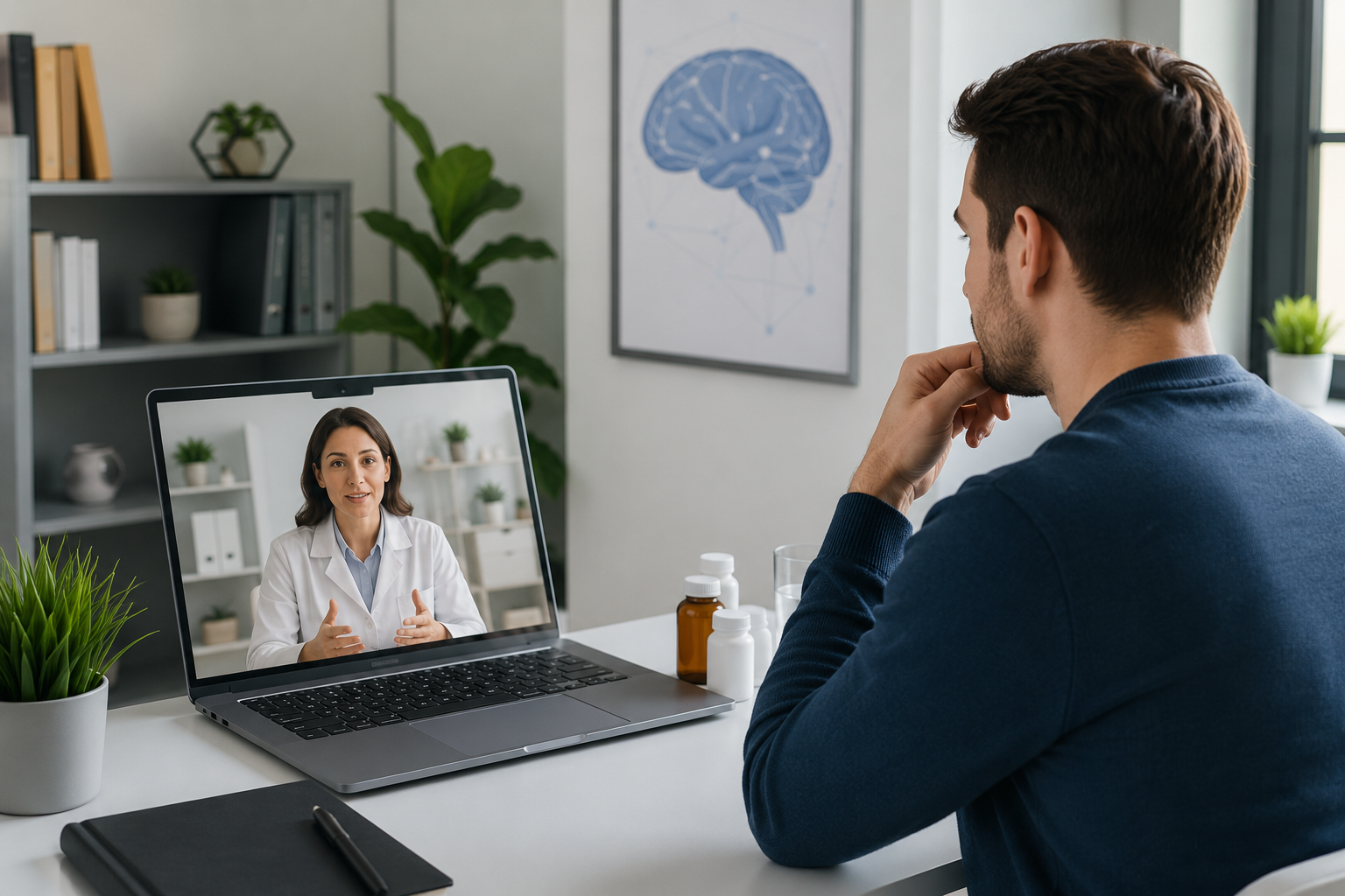 Adult patient participating in an ADHD medication management telepsychiatry appointment with a psychiatrist through a secure online consultation from a home office.