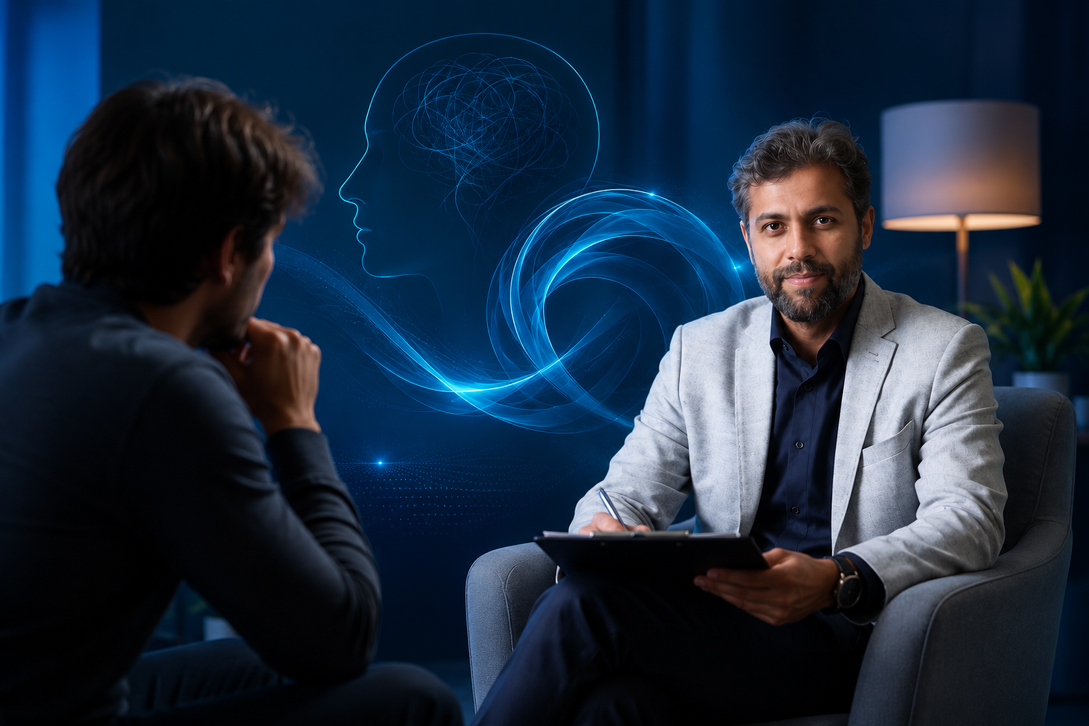Board-certified psychiatrist consulting with a patient during a traumatic brain injury psychiatric evaluation in a modern clinical office.