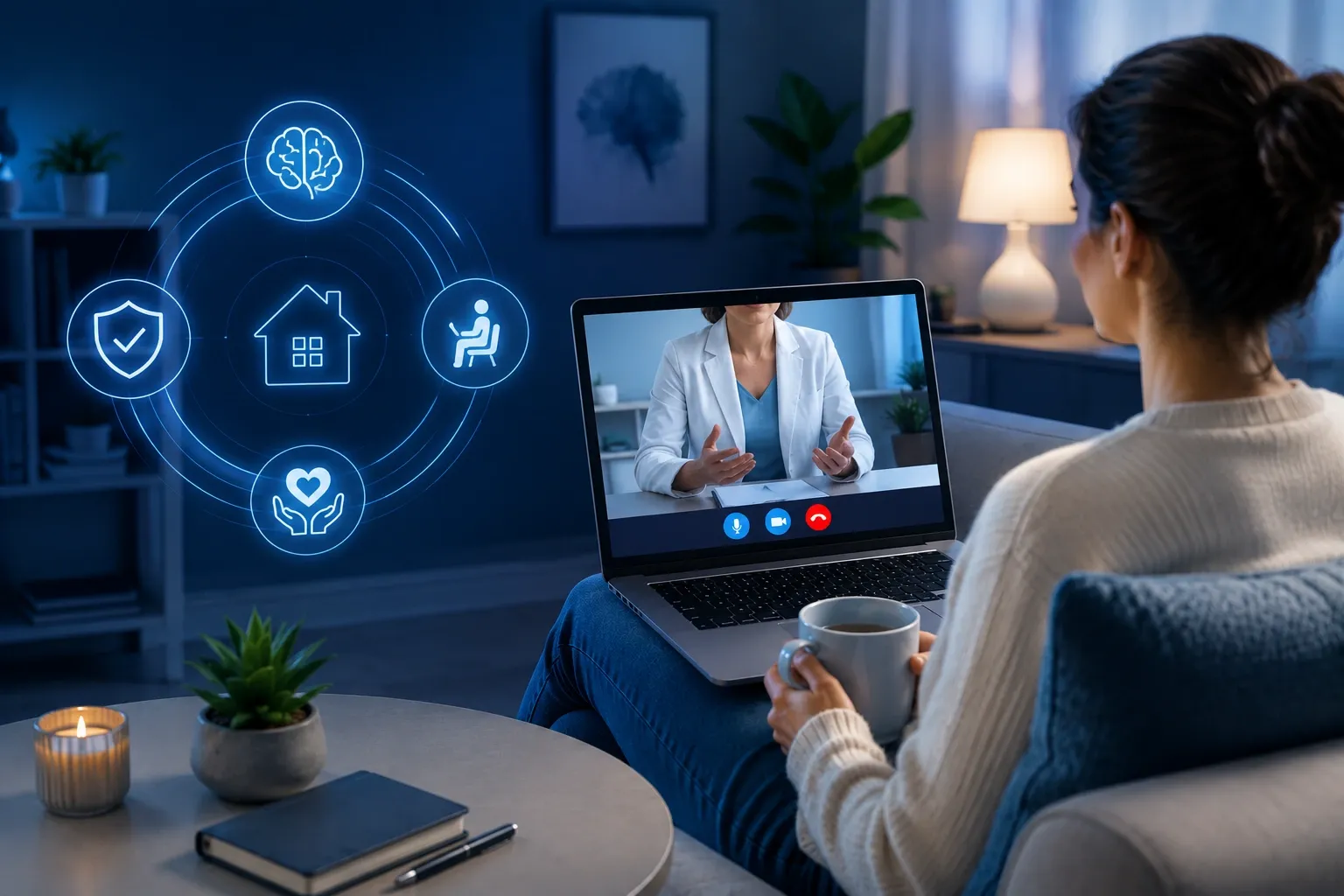 Person attending a secure virtual psychiatric appointment from home using a laptop, seated comfortably in a modern living room with mental wellness, privacy, and telehealth care elements displayed through digital healthcare icons.