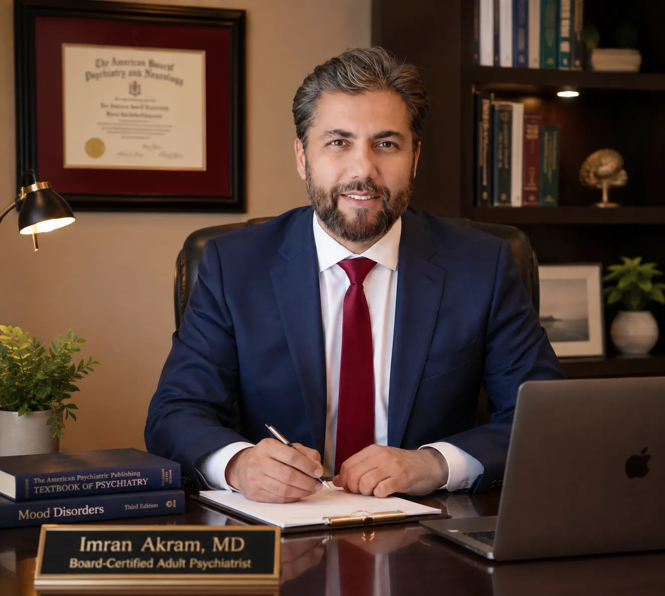 Board-certified psychiatrist Dr. Imran Akram seated at his office desk during a professional psychiatric consultation in Virginia.