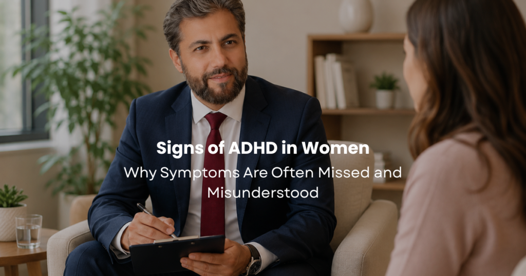 Female patient discussing ADHD symptoms with psychiatrist during a mental health consultation about signs of ADHD in women.