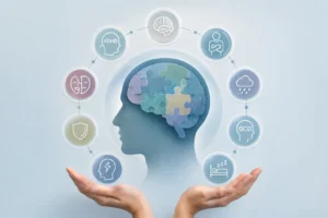 Expertise in Complex Autism Spectrum Disorder Presentations | Adult Psychiatric Care Illustration of a human brain with interconnected mental health icons representing Autism Spectrum Disorder and co-occurring psychiatric conditions, supported by caring hands.