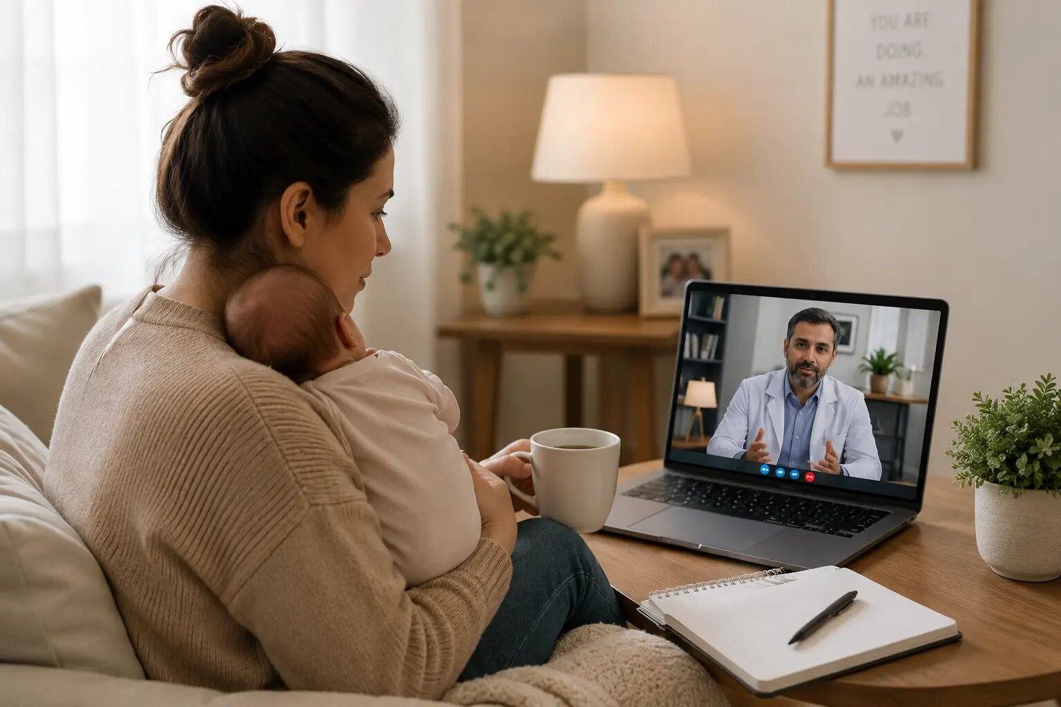 Mother holding her newborn during a secure telepsychiatry appointment with a board-certified psychiatrist from home in Virginia.